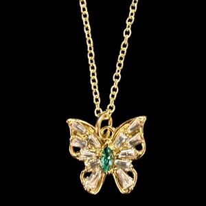 Sparkling Gold & Silver Butterfly Pendant Necklace With Emerald Green Center.